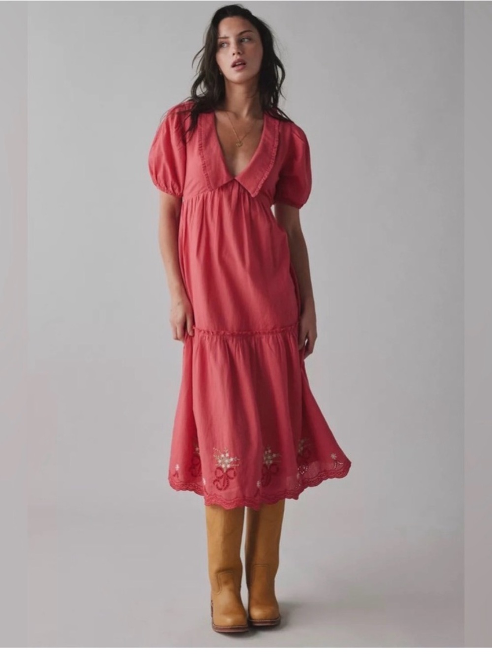 Kimchi Blue Coral Puff‑Sleeve Tiered Midi Dress